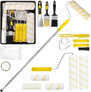 18-Teiliges Malerset, Farbroller Set mit 1.2m Teleskopstange, 23cm & 10cm Woll Schaumstoffrollen Lackierwalze, Lackrolle, Farbroller Wandfarbe, für Malerarbeiten, Wand Decken