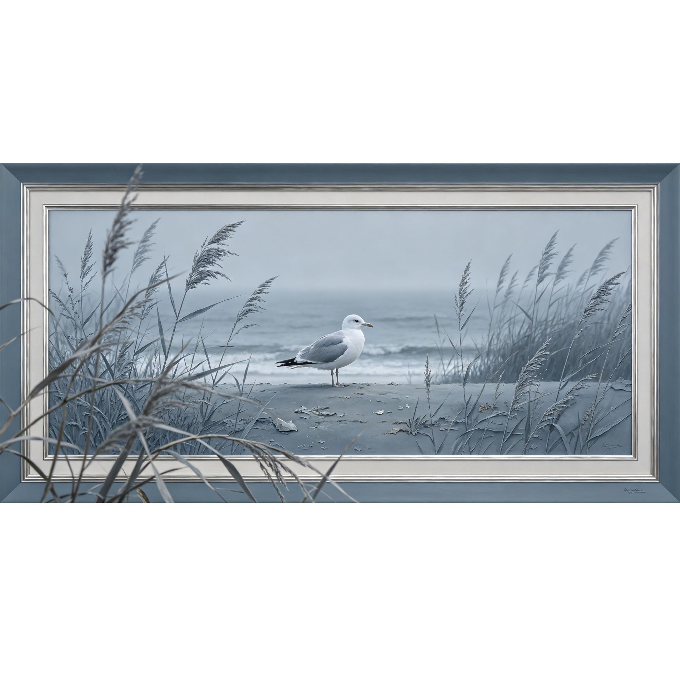 Agglomerix 3D Framed Wall Art Coastal Seagull Ocean Dune Reeds Minimalist Marine Beach Large Size Self-Adhesive Removable Wall Decor Prints Artwork for Living Room Bedroom Office