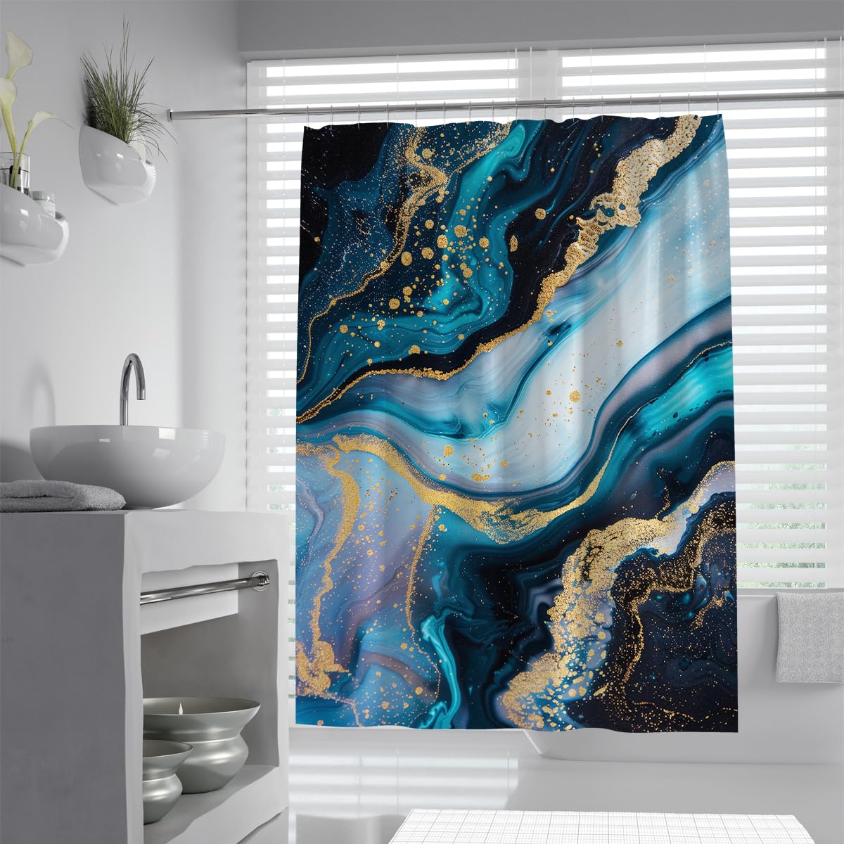 UIRINGART Contemporary Bathroom Bathtub Curtains W150xL180cm Navy Turquoise Yellow Mineral Swirl Pattern Machine Washable Quick Drying Home Hotel Decorative Set