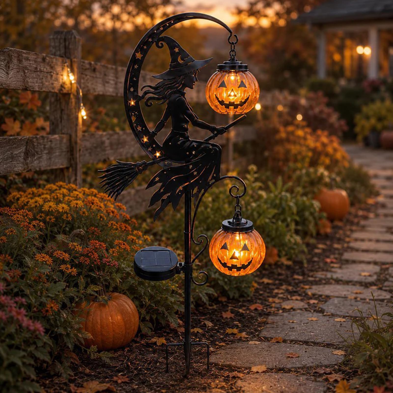 Halloween Metal Solar Garden Stake Light Witch Pumpkin Moon Decor(A)