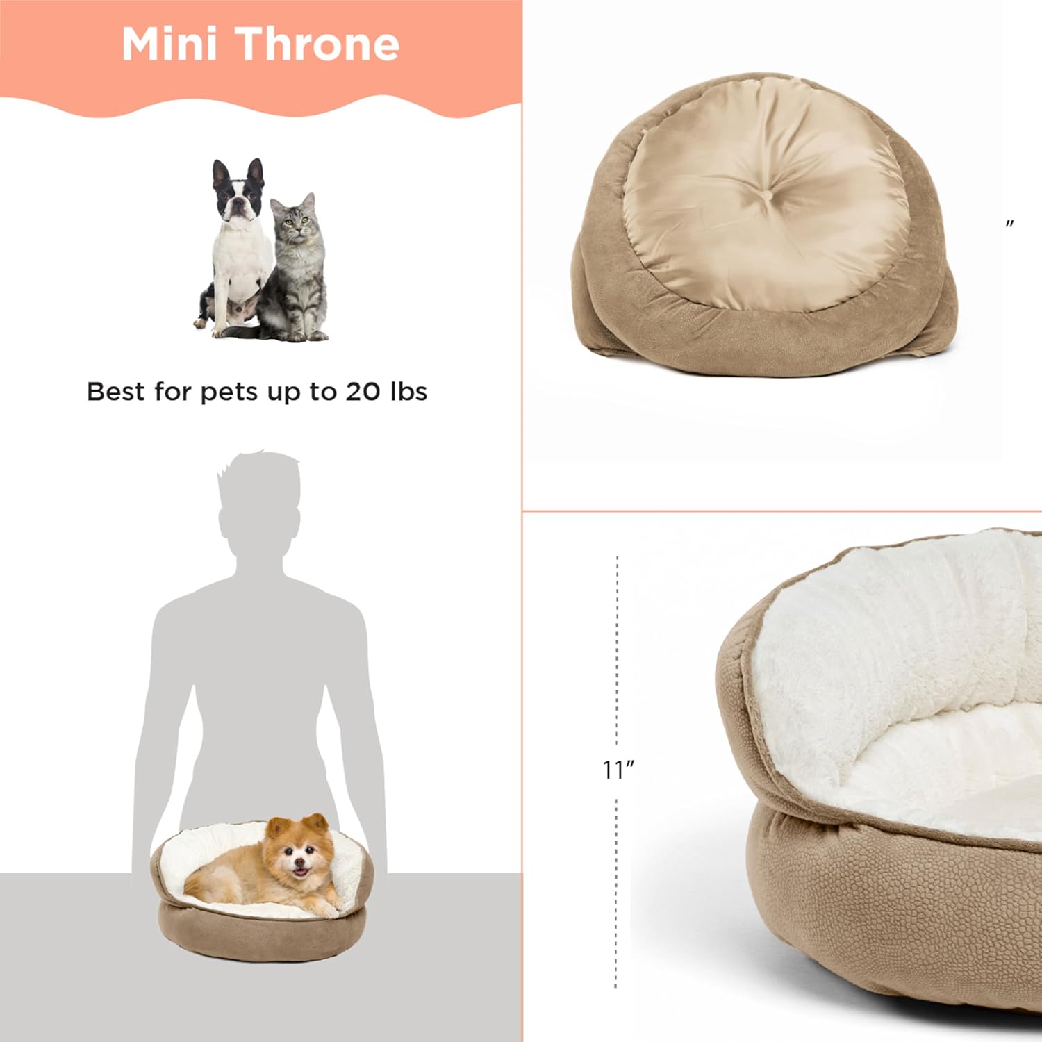 Best Friends by Sheri Pet Throne High Bolster Orthopedic Relief Cat and Dog Bed, Wheat, Mini