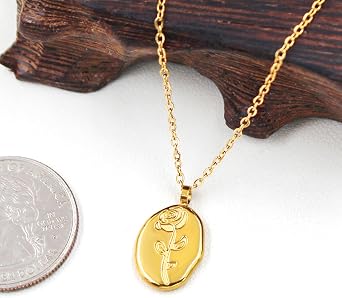 Stainless Steel Irregular Oval-Shape Rose Flower Pendant Necklace Exquisite Birthdays Valentine's Day Gifts for Women Girls YA4320