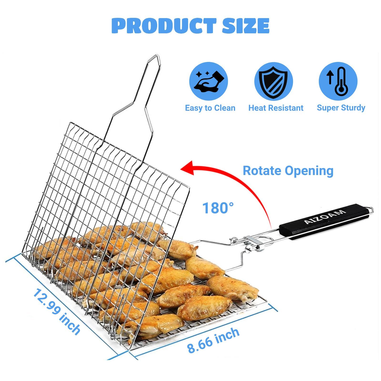 Cesta de parrilla de acero inoxidable para barbacoa, cesta grande plegable para parrilla con mango extraíble. Cesta de parrilla para pescado, verduras, grandes accesorios útiles para barbacoa,