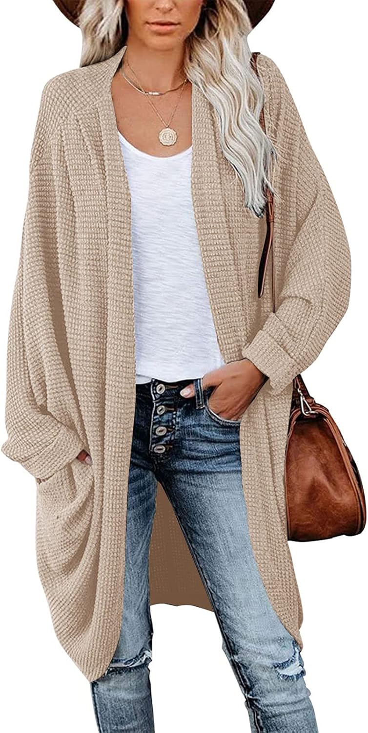 MEROKEETY Women's Waffle Knit Batwing Long Sleeve Cardigan Loose Open Front Sweater Coat at  Women’s Clothing store