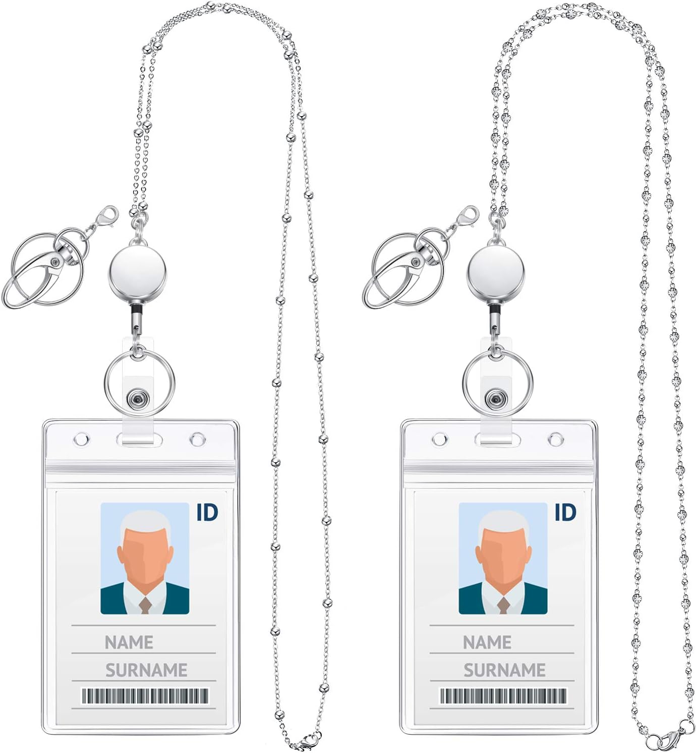 2 Sets Women Beaded Lanyard with ID Holder Retractable Badge Reel Stainless Steel Chain Necklace with 2 Water Resistant Name Badge Holder Clip (Silver)