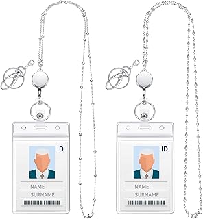 Blulu 2 Styles Set Women Beaded Lanyard with ID Holder Retractable Badge Reel Back to School Gift Stainless Steel Necklace with Water Resistant Name Badge Holder for Teacher Student(Silver)