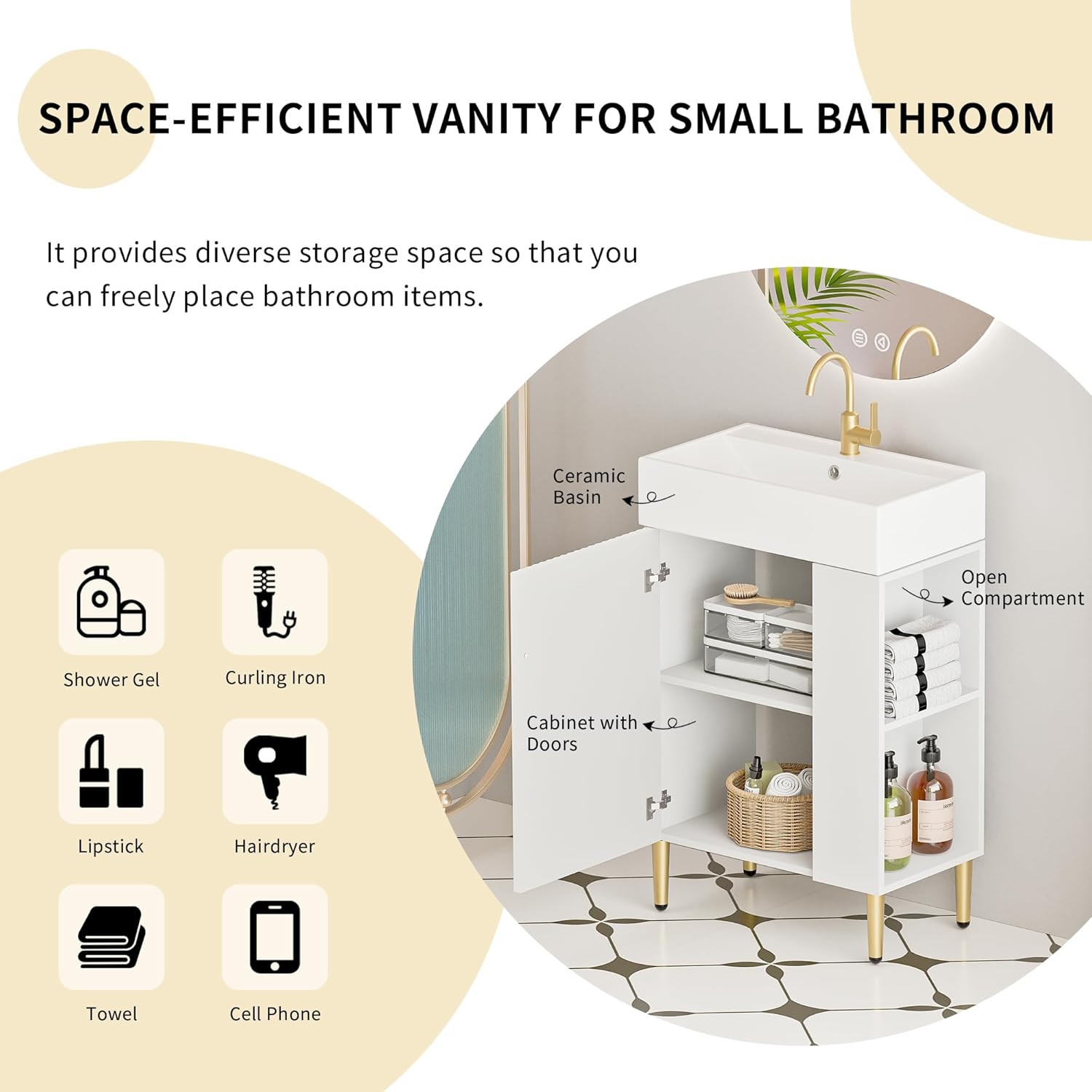 Harper & Bright Designs 21.6 Inch Bathroom Vanity with Sink, Narrow Depth Bathroom Vanities, Wood Vanity Cabinet, Soft Closing Door, Freestanding Sink Cabinet W/Open Right Side Shelves, White