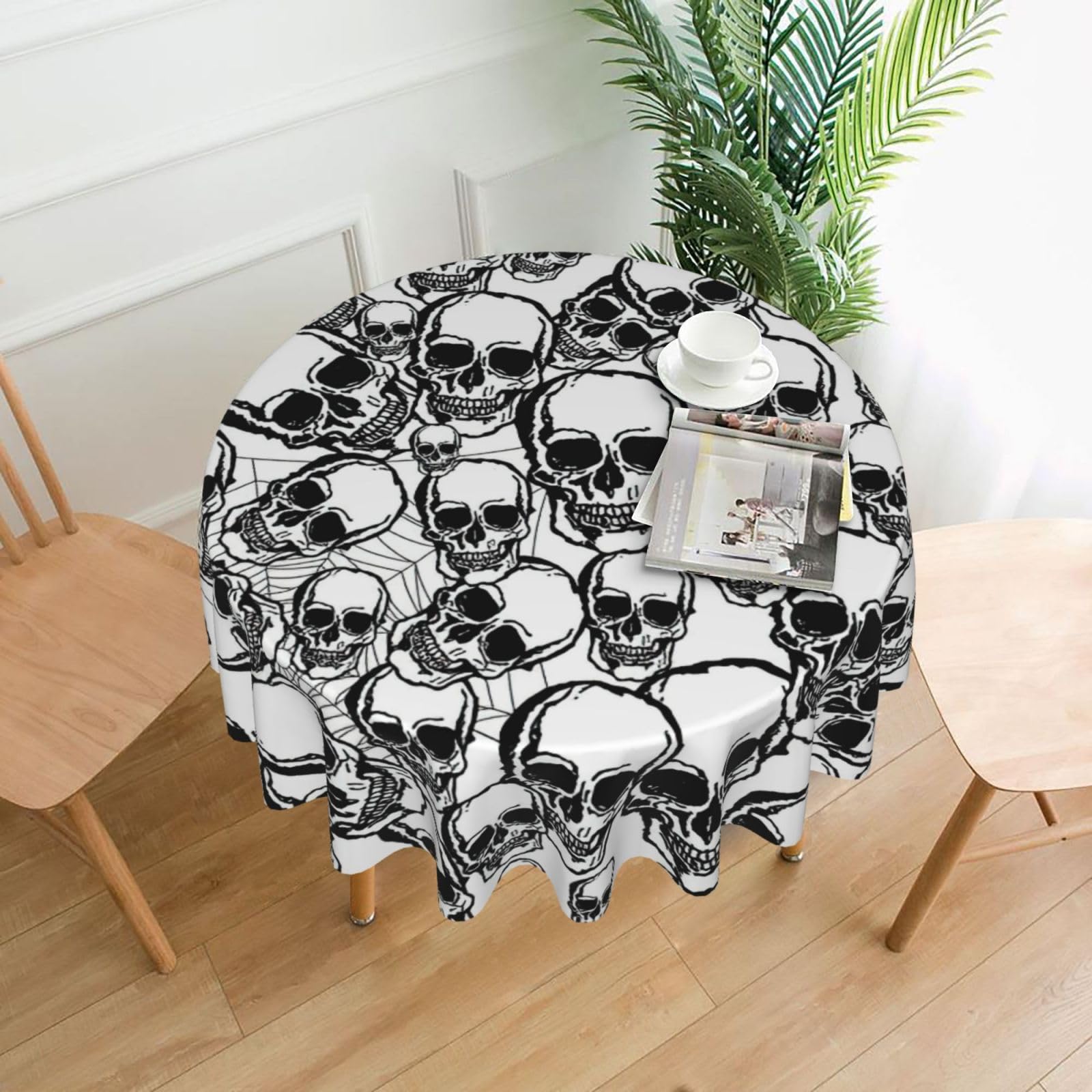 Uusnwaa Black And White Skulls Pattern Print Round Tablecloth 60 Inch, Stain Wrinkle Resistant Washable Polyester Table Cover For Kitchen Party