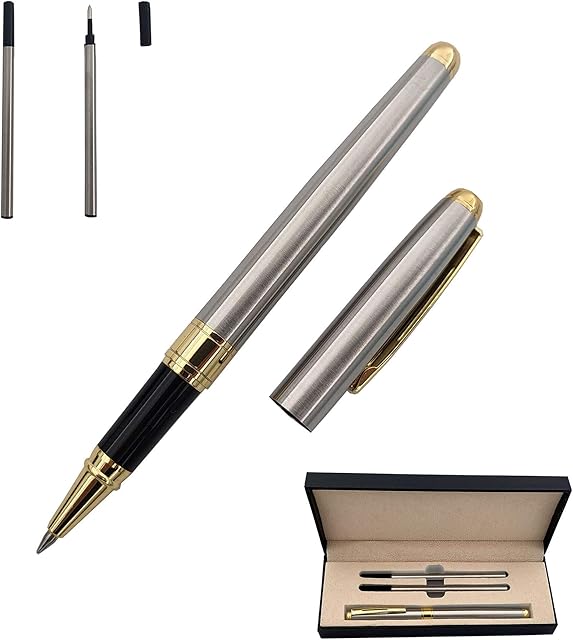 Accod Metal Ballpoint Pen Rollerball Pen Office Signature Pen High-end Gift Box with Two Replaceable Black Refills(0.5mm) Gift for Friends Classmates Family and Colleagues (Silver)