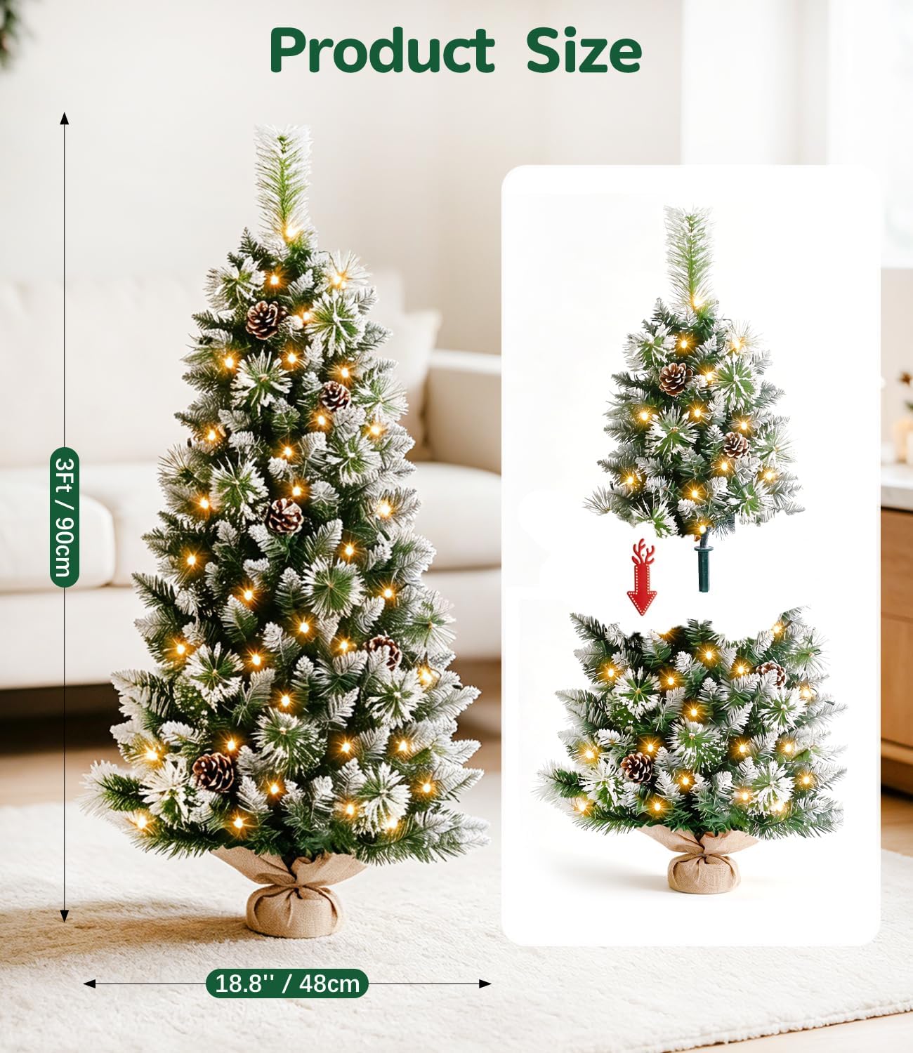 3ft Tabletop Christmas Tree with LED Lights - Mini Tree Small Artificial for Christmas Decorations