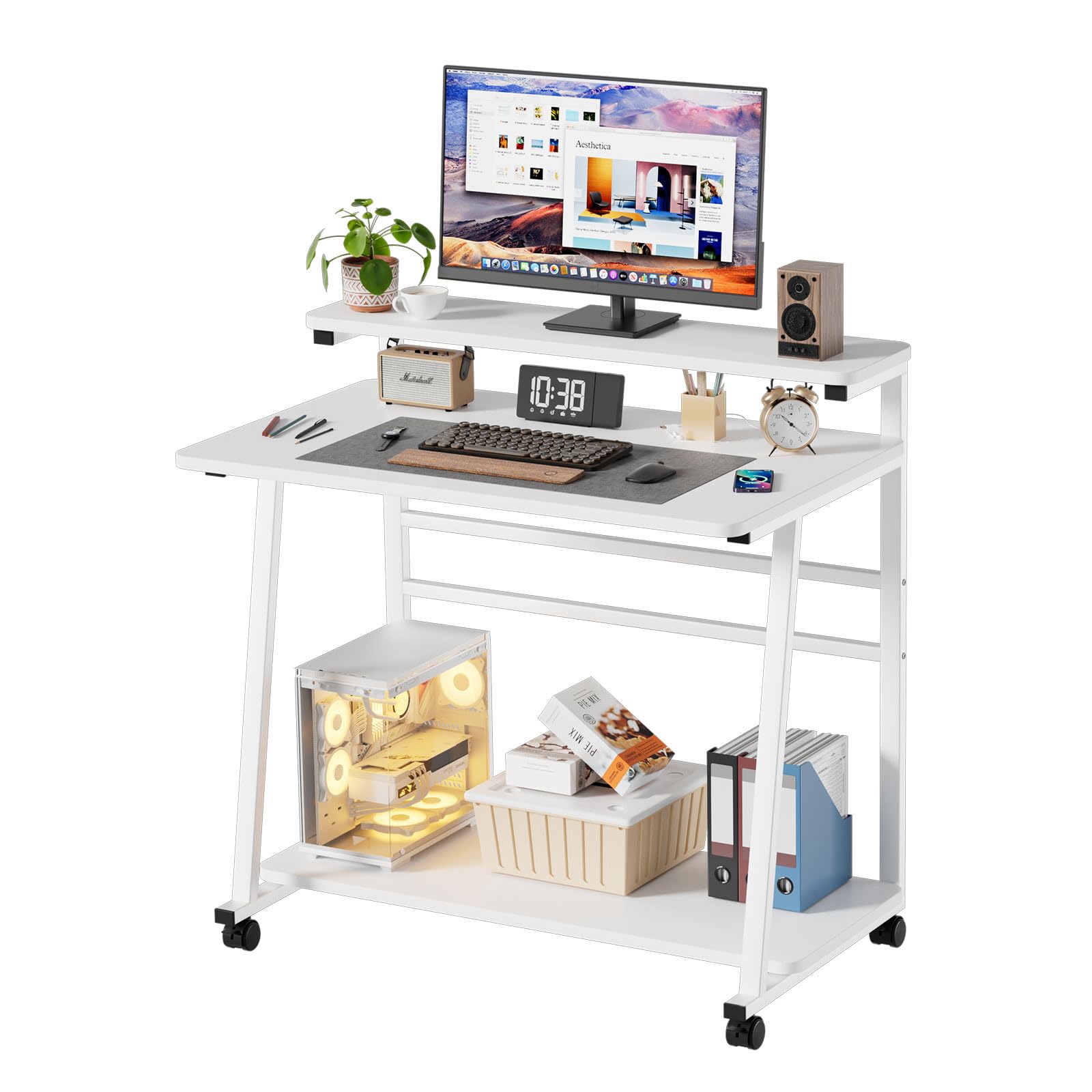 Bureau Mobile Table Informatique avec 4 roulettes Mobile Bureau d'Ordinateur avec Étagères pour Petit Espace Stable Table Roulante pour la Maison et Le Office,Montage Simple,80x50x90CM (Blanc)