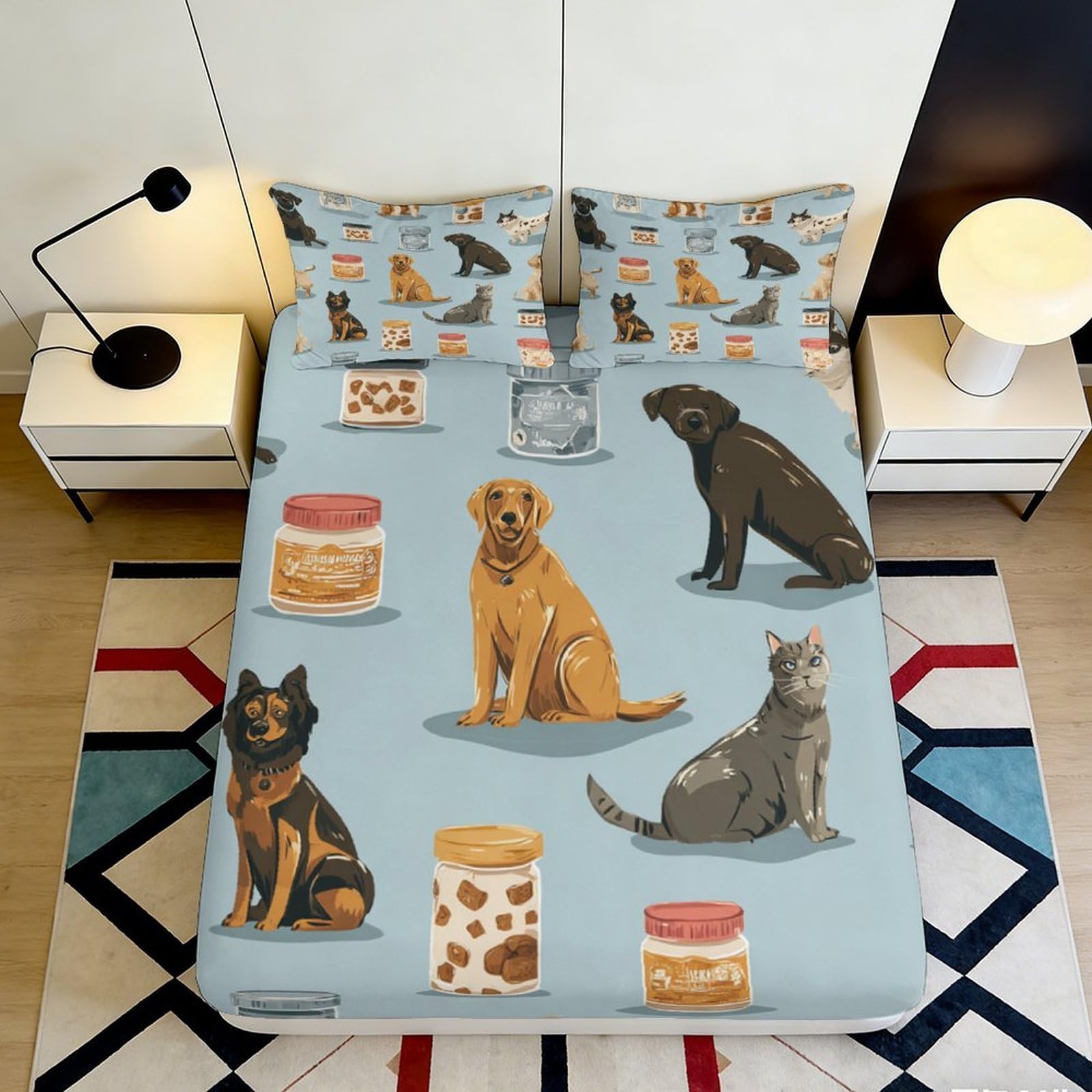3D Printed Dog and Cat Pattern Fitted Sheet Microfiber Soft Durable Puppy and Kitten Bed Cover for Bedroom Dormitory Guest Room Mattress Protection 120x200x25cm