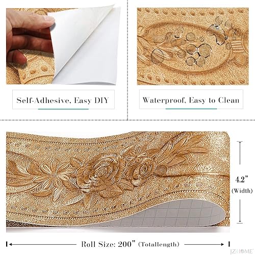 Miniatura 6 de JZHOME 204 Borde de papel pintado despegar y pegar 3D decorativo moldeado floral 4.2''×16.4 pies Oro Rosa autoadhesivo para azulejos adhesivo de