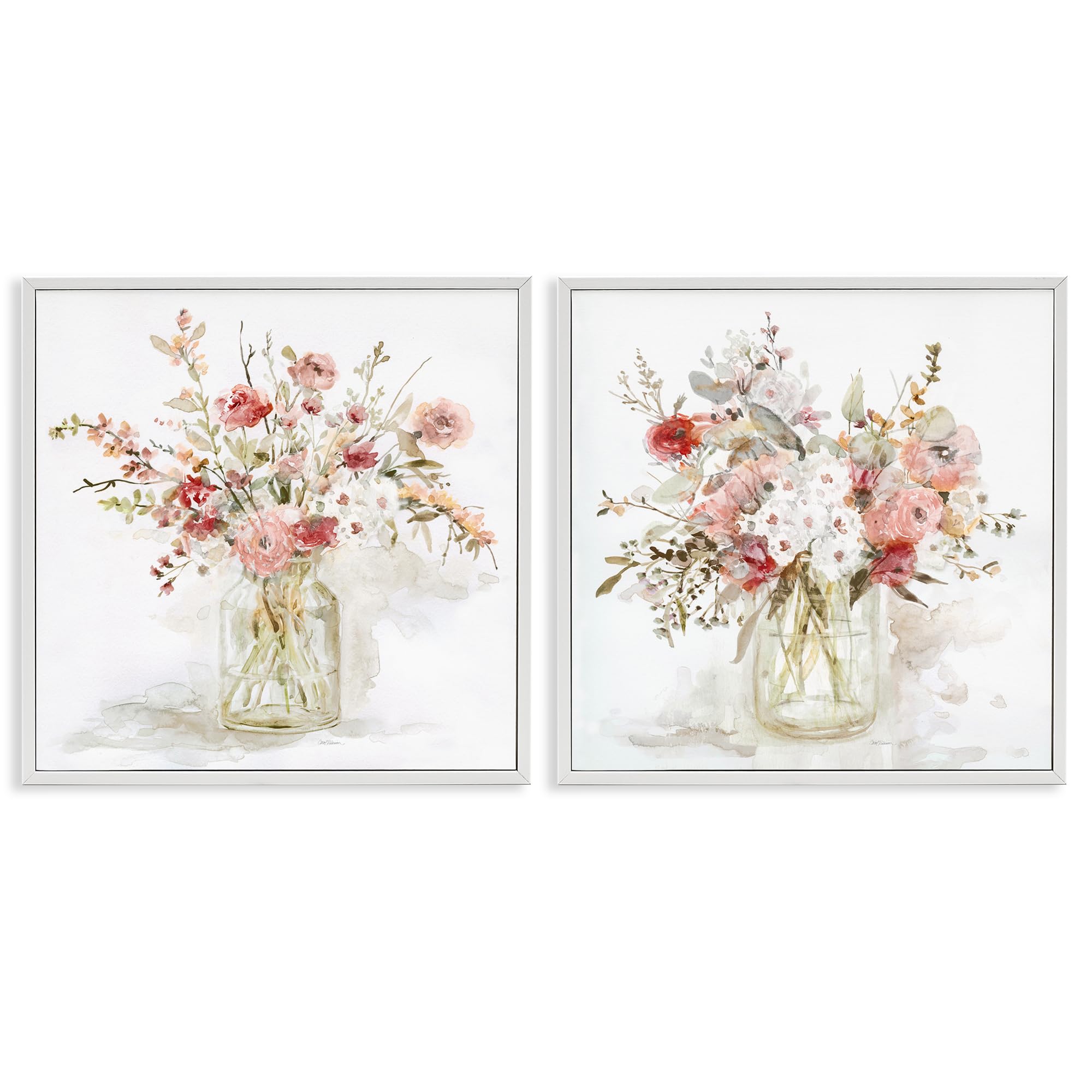 Stupell Industries Coastal White (Textured) 'Delicate Watercolor Bouquets In Glass'| 2Pc Framed Giclee Art Set 2