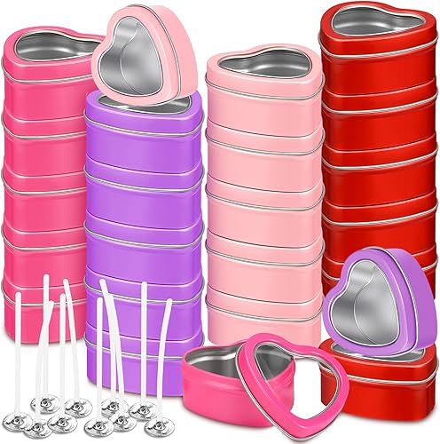 Nuanchu 24 moldes de velas vacías para el día de San Valentín, latas de metal en forma de corazón rojo de 2 onzas con tapas de ventana