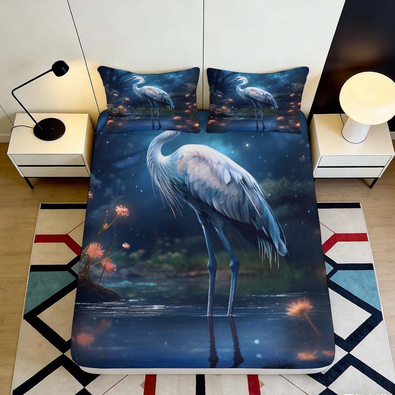 3D Printed Heron Blue Fitted Sheet Microfiber Soft Breathable Crane Bed Cover for Bedroom Dormitory Guest Room Mattress Protection Decor 120x200x25cm