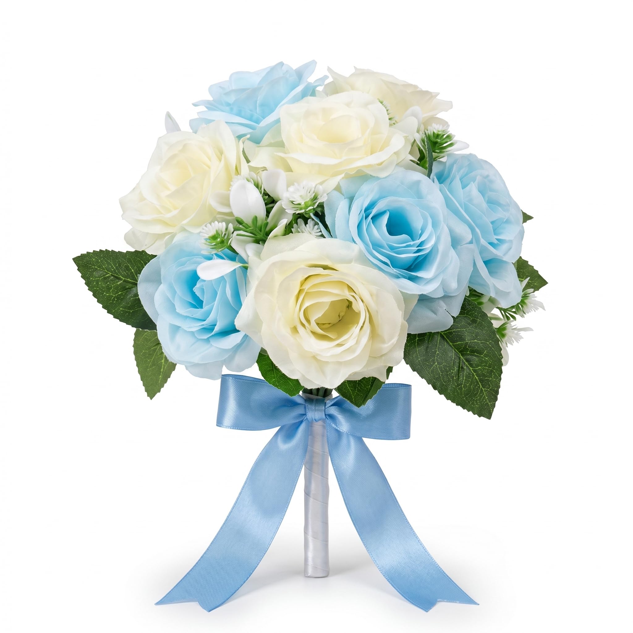 Handmade Artificial Bridesmaid Bouquet – Blue and White Artificial Rose Flowers(8pc) – 25cm Realistic Floral Arrangement with Satin Ribbon for Weddings, Proms, and Anniversaries (1)-picture-47