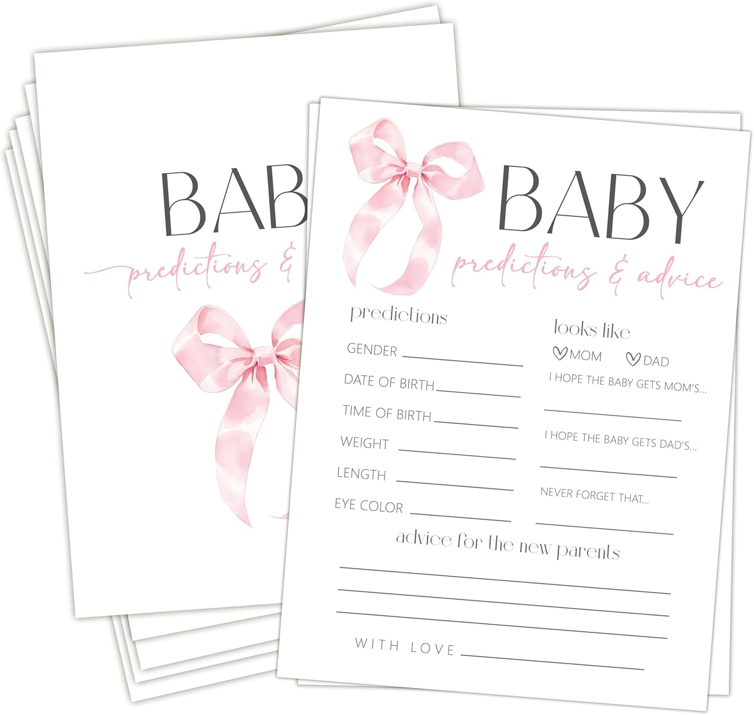 Pink Bow Baby Shower Games for Girl, Baby Predictions & Advice Cards for New Parents, 5 “x7-25 Pcs-B02