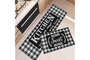tiffasea Black and White Kitchen Rug - 2-Piece Non-Skid Farmhouse Buffalo Plaid Washable Set