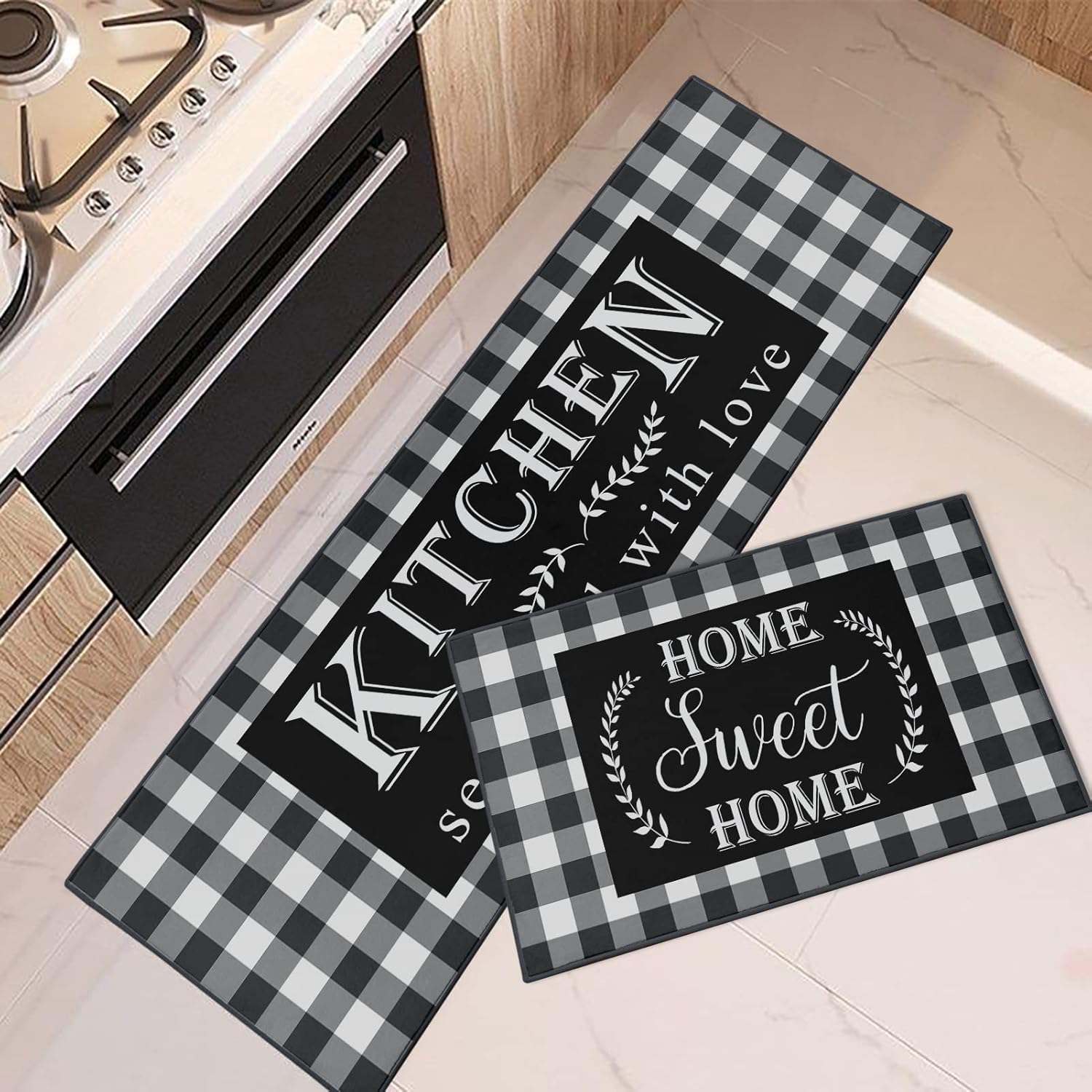 ArtSocket Kitchen Rugs and Mats Non Skid Washable Set of 2, Black White Buffalo Plaid Runner Rug, Farmhouse Quotes Home Kitchen Floor Mat Under Sink Mat Throw Rug for Doormat