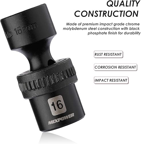 Miniatura 4 de MIXPOWER Juego de llaves de impacto universal de 15 piezas de 38 pulgadas, 6 puntos, métrico, 0.315-0.866in, CR-MO, enchufe giratorio con oscilación