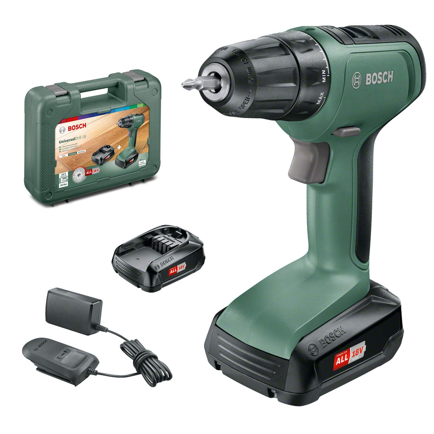 Bosch Home and Garden Perceuse-visseuse sans fil Bosch - UniversalDrill 18 (2 batteries 18V-1,5Ah et chargeur, livré avec deux e