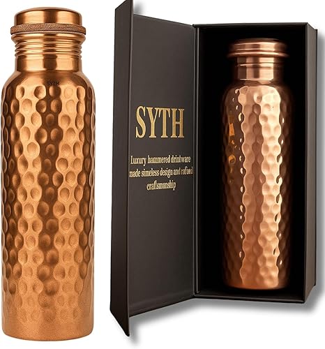 SYTH Botella de agua de lujo 100% cobre puro, 34 onzas, sin BPA, botella de cobre ayurvédica para mujeres y hombres, probada en laboratorio,