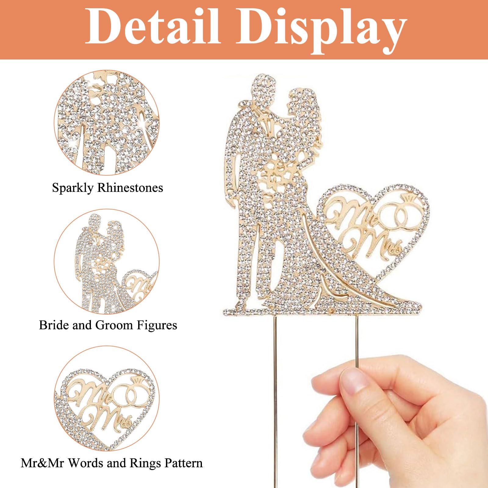 GVSS Gold Wedding Cake Figurine 23.5 x 10 cm, Metallic Wedding Topper and Groom, Wedding Cake Decoration with Rhinestones - Image 3