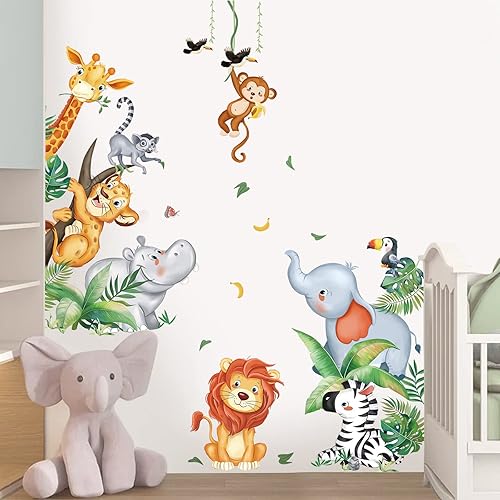 Miniatura 2 de wondever Calcomanías de pared de animales de la selva, elefante, león, mono, safari, animales, calcomanías de arte de pared para niños, dormitorio