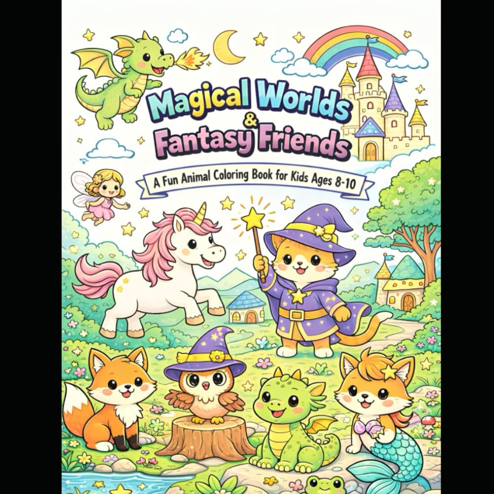 Magical Worlds & Fantasy Friends Coloring Book for Kids Ages 8–10: Enchanting Animal Adventures with Unicorns, Dragons, Fairies & Magical Creatures