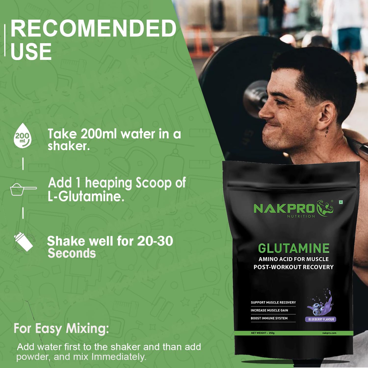 Nakpro L-Glutamine Powder | 4g Glutamine Per Serving, 50 Servings | Post Workout Amino Acid Supplement for Muscle Growth and Recovery (Blueberry, 250g) — Amazon image 5