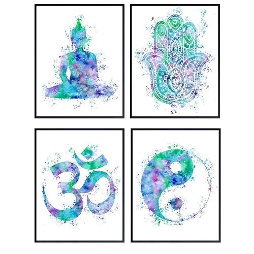 Buddha Art  Zen, Meditation, Yin Yang, Om, Hamsa Hand of Fatima - Inspirational New Age Decor for Wall, Home, Office, Studio, Apartment - Gift for