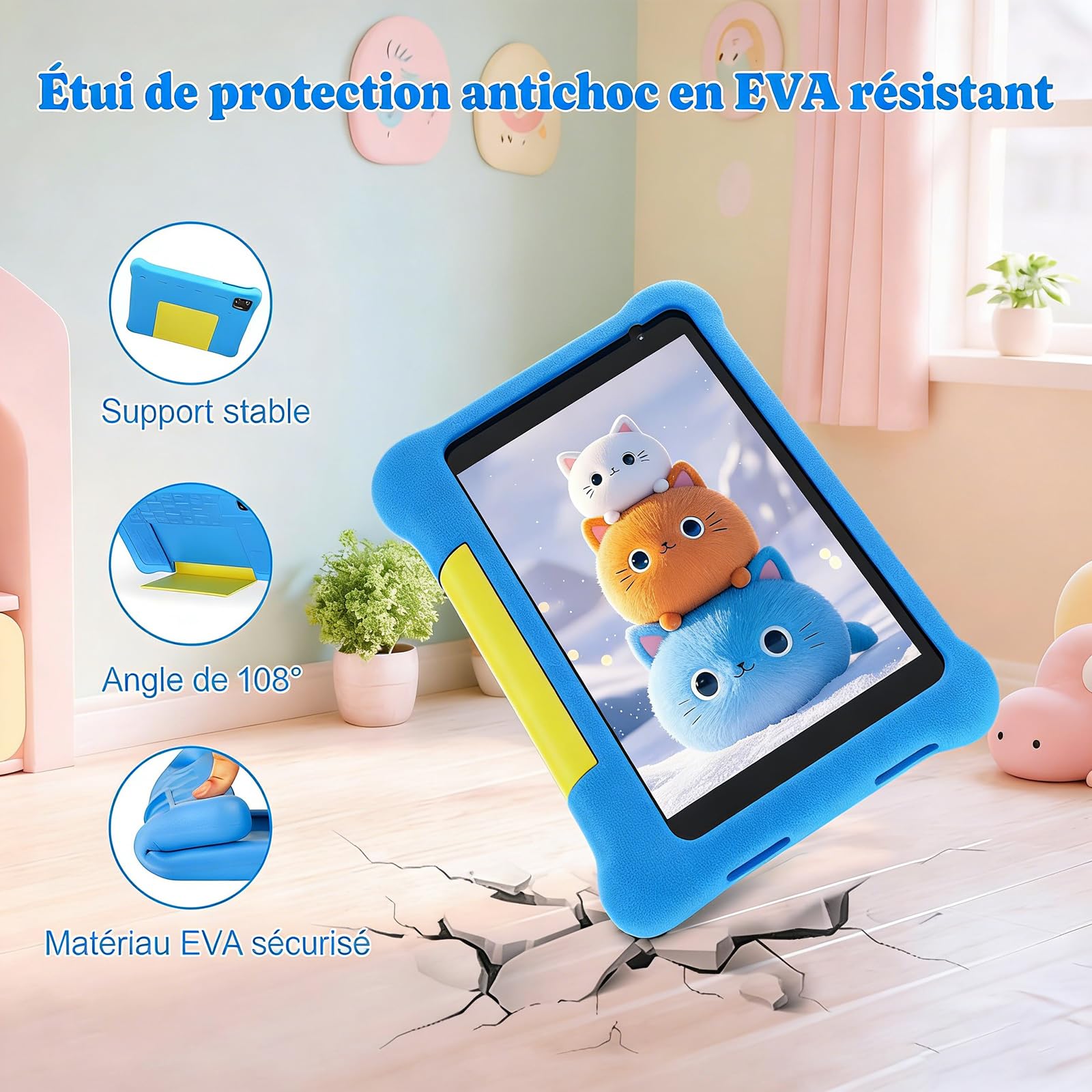 Tablette Enfants 7 Pouces Android Tablette Éducative pour Enfant avec Écran HD 5 Go RAM + 32 Go ROM (TF 128 Go) Contrôle Parental WiFi, Bluetooth Cadeau Fille Garçon avec Étui Antichoc (Bleu)