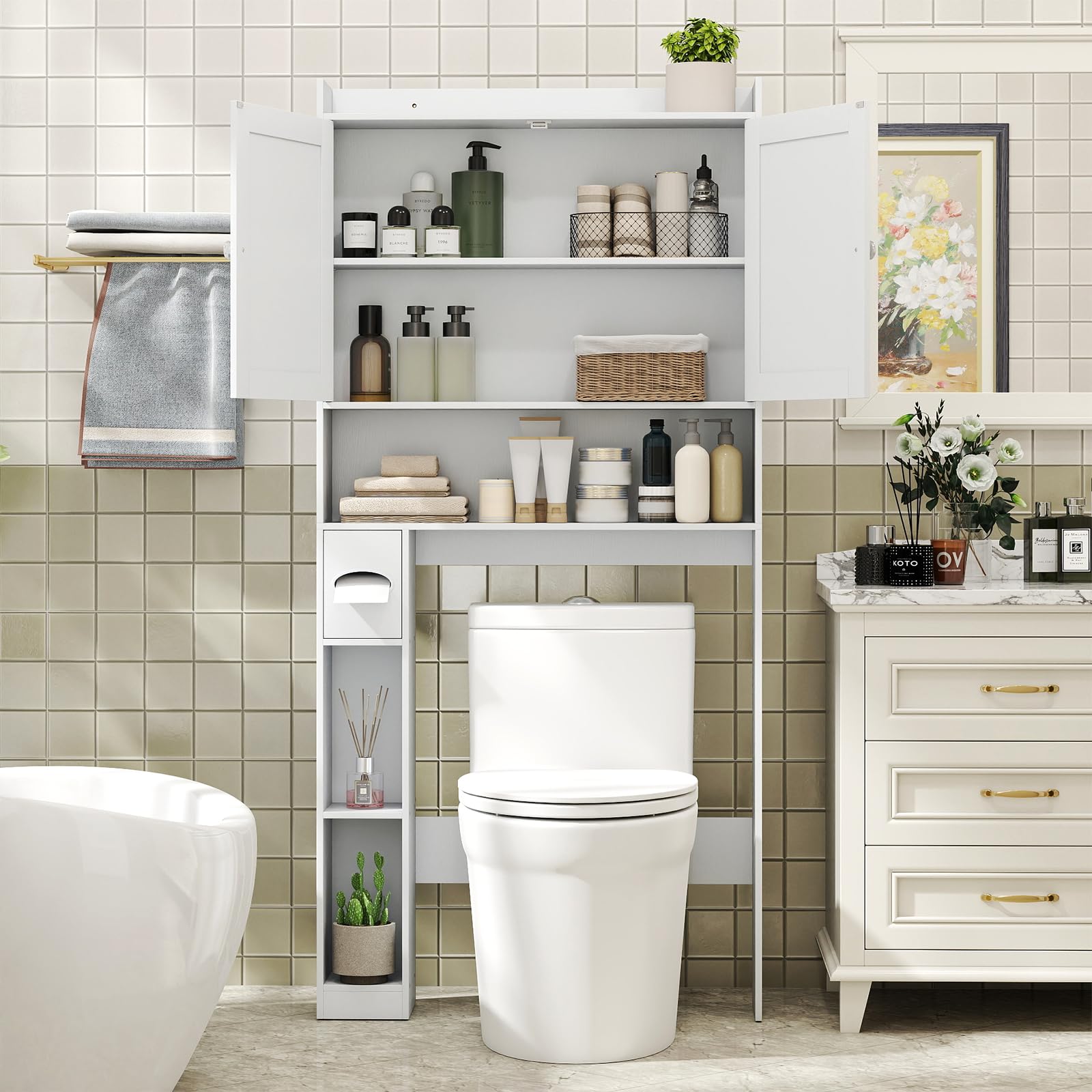 LIFEZEAL Scaffale Bagno Salvaspazio Sopra WC, Water, Toilette, Lavatrice, Mobile con Barra Regolabile per Adattabilità, Porta Carta Igienica, Ante, Ripiani, Armaidetto, Moderno, in Legno (bianco)