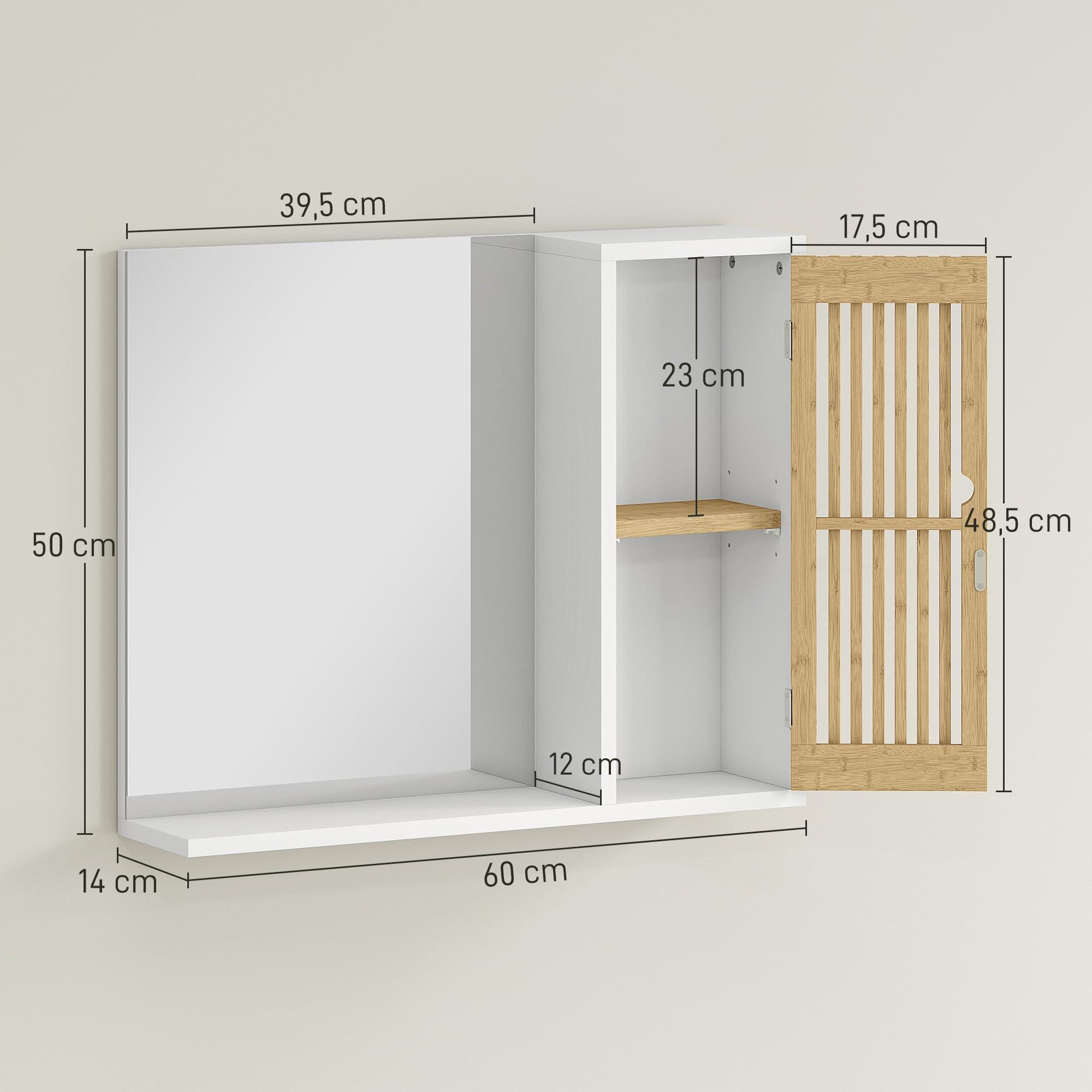 HOMCOM Espejo de Baño 60x50 cm, Espejo de Pared con Puerta de Listones de Bambú, Estantes de Almacenaje, Blanco y Natural
