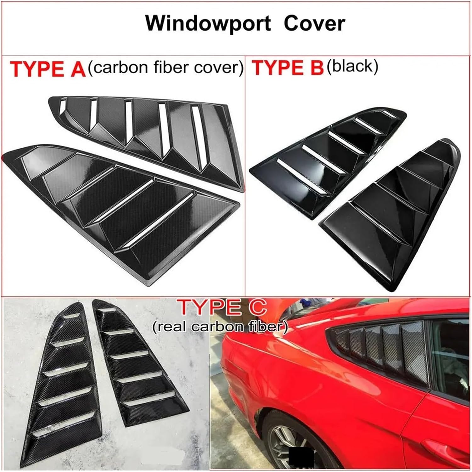 ABS/Carbon Fiber Look Rear Windshield Auto Car Side Window Cover Compatible For Ford Mustang Body Kit Window Louver Racing Trim 2015-2019(TYPE-C CF)