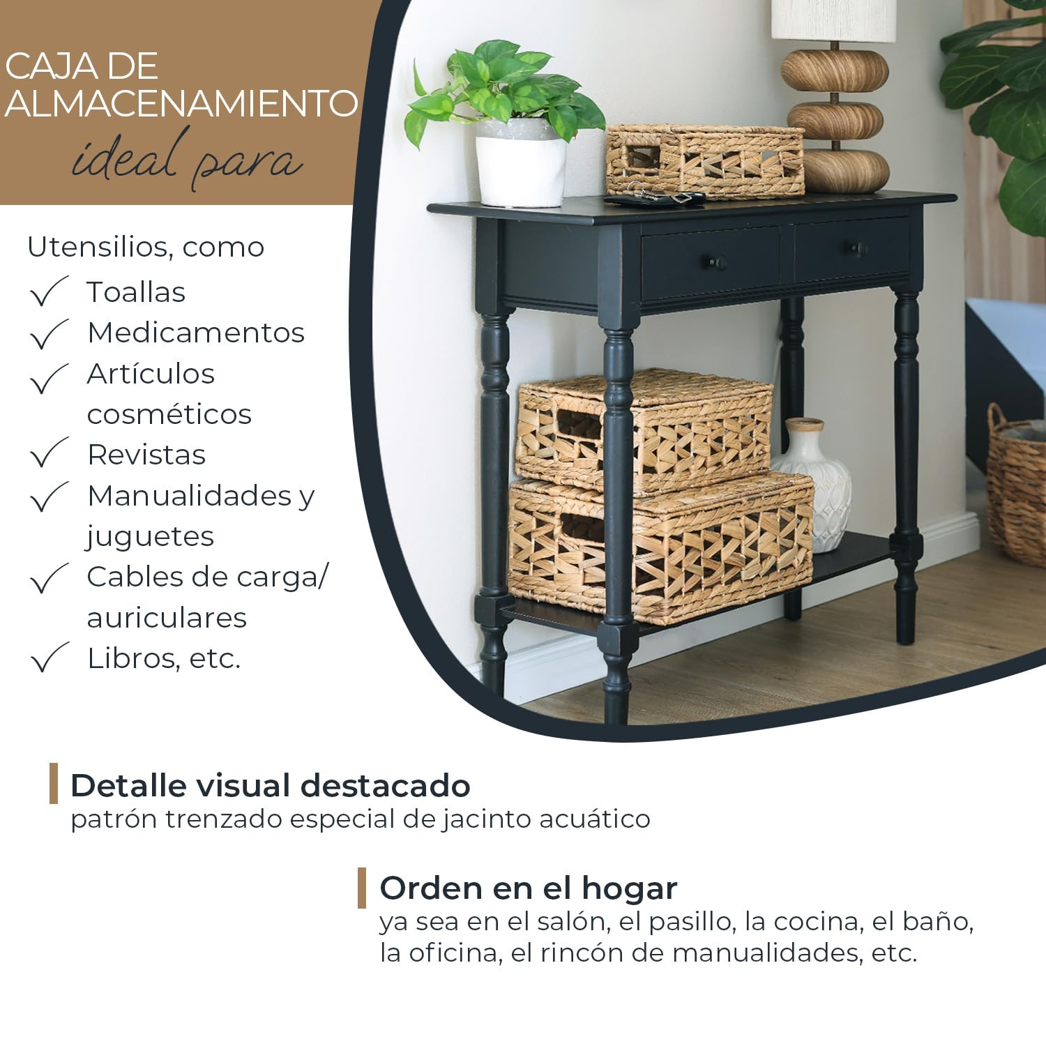 HMF Juego de 3 cestas de almacenamiento con tapa, cestas de junco de mar trenzadas | pequeño, mediano, grande