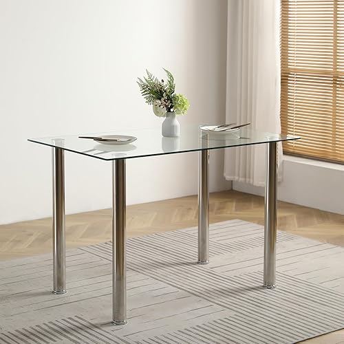 Miniatura 9 de i-POOK Juego de mesa de comedor de cristal para 4, mesa de comedor rectangular de vidrio de 43 pulgadas con 4 sillas de comedor tapizadas de