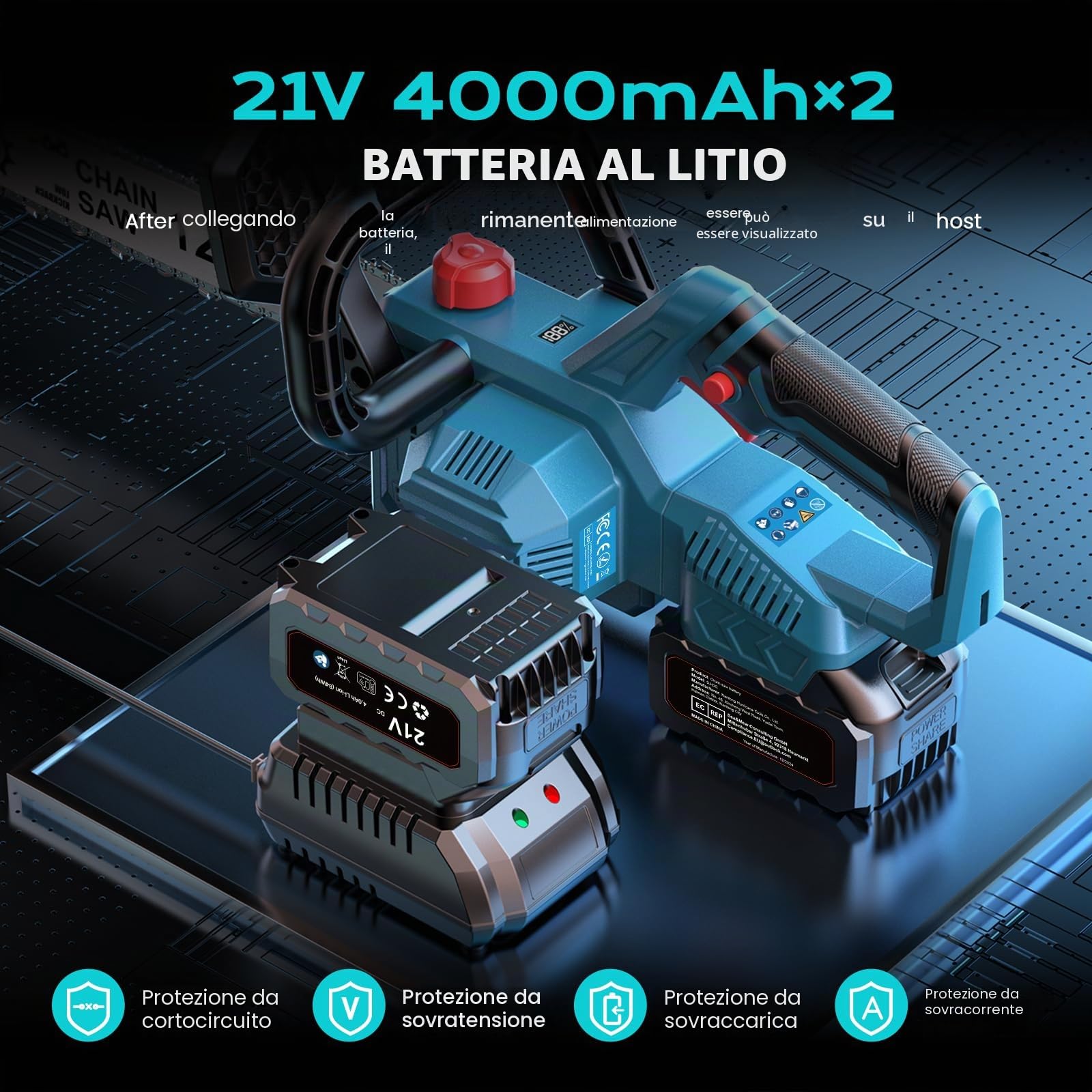 Motosega a Batteria 12" Brushless 1000W, Motosega Elettrica con Lubrificazione Automatica e Tensionamento Rapido Senza Utensili,Compatibile con Batteria Makita 18V LXT, 2x4000mAh per Potatura e Taglio