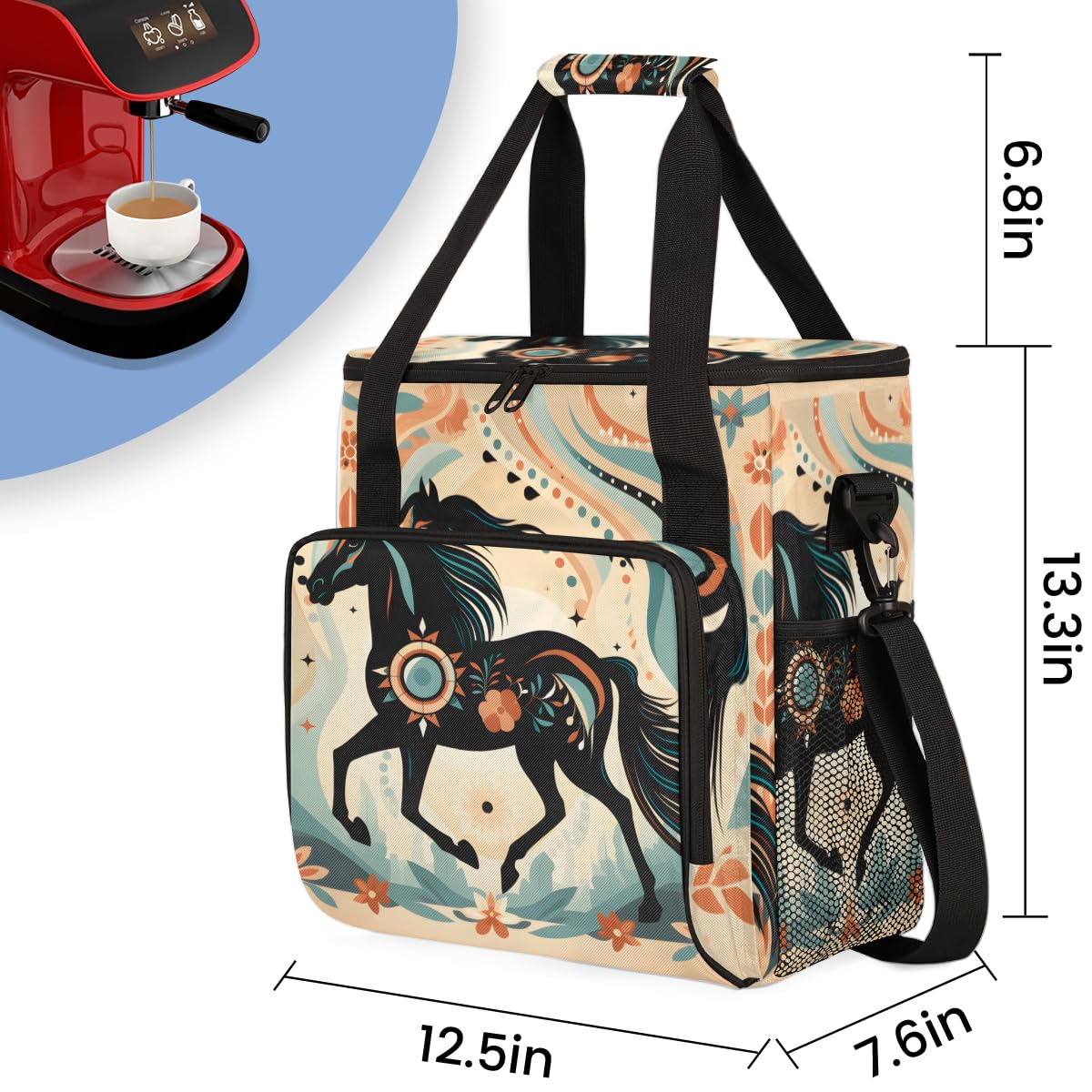 Abstract Horse Coffee Maker Carrying Bag, Boho Horse Travel Storage Bag Compatible with K-Mini or K-Mini Plus, Single Serve Coffee Brewer Carrying Case with Multiple Pockets & Shoulder Strap