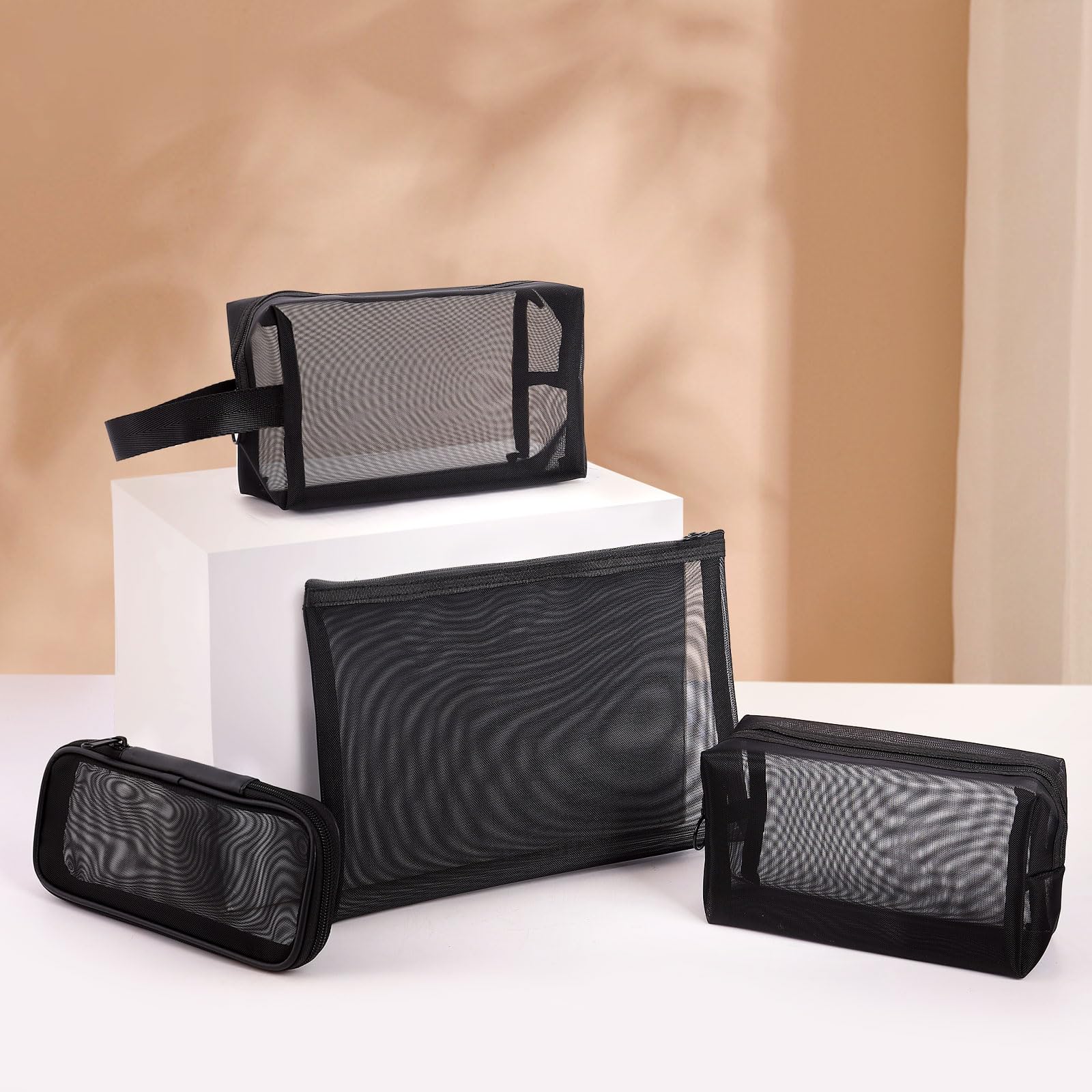 DAMILY Borsa Cosmetica Portatile, Beauty Case Da Viaggio A Rete 4 in 1 Di Diverse Dimensioni, Tasche Con Zip in Nylon, Borsa Da Toilette Viaggio, Adatta Per Casa, Ufficio, Vacanze E Viaggi (Nero)