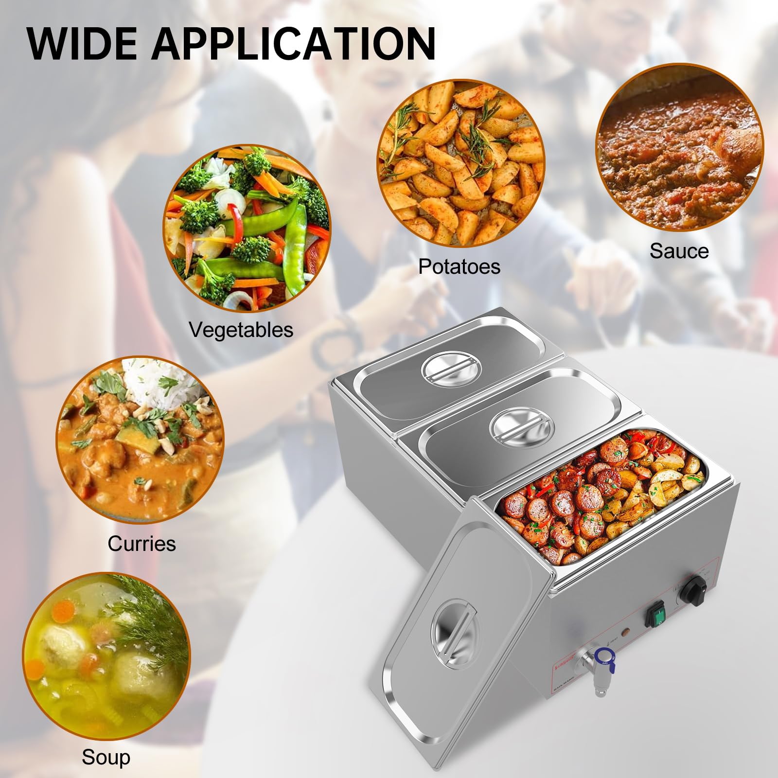 Valgus Commerciale Acier Inoxydable 3 Sections 16L Bain Marie RéChauffeur De Table éLectrique Vapeur avec Couvercle Et Robinet pour FêTes, Banquets Et éVéNements De Restauration