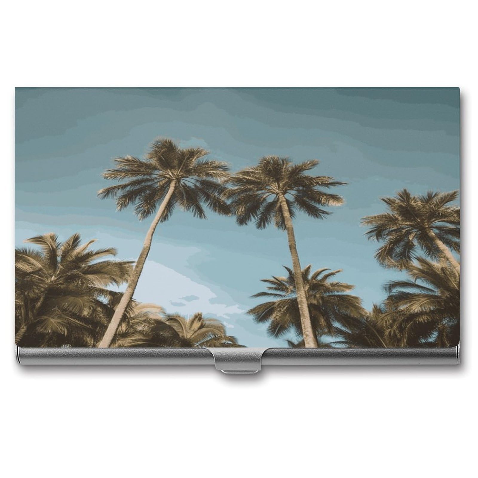 LDGSUPH Tall Tropical Palm Trees Business Card Holder Fashion Slim Name Card Holder Minimalist Design Case Metal Card Carrier Personalized Business Card Case with Flip for Men Women