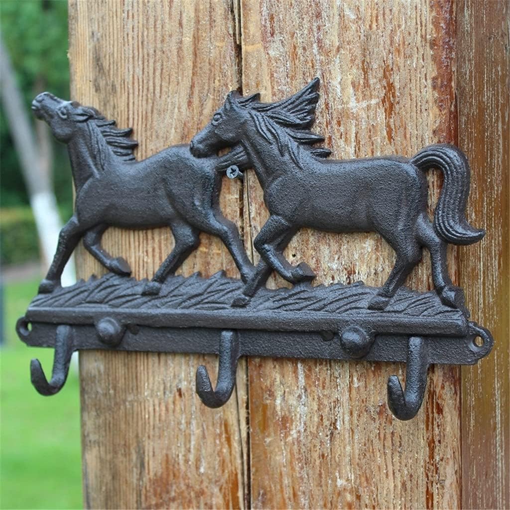 Black Two Running Horses Cast Iron Wall Hook with Three Hangers Home Garden Wall Decor Metal Animal Figurine Wall Hook
