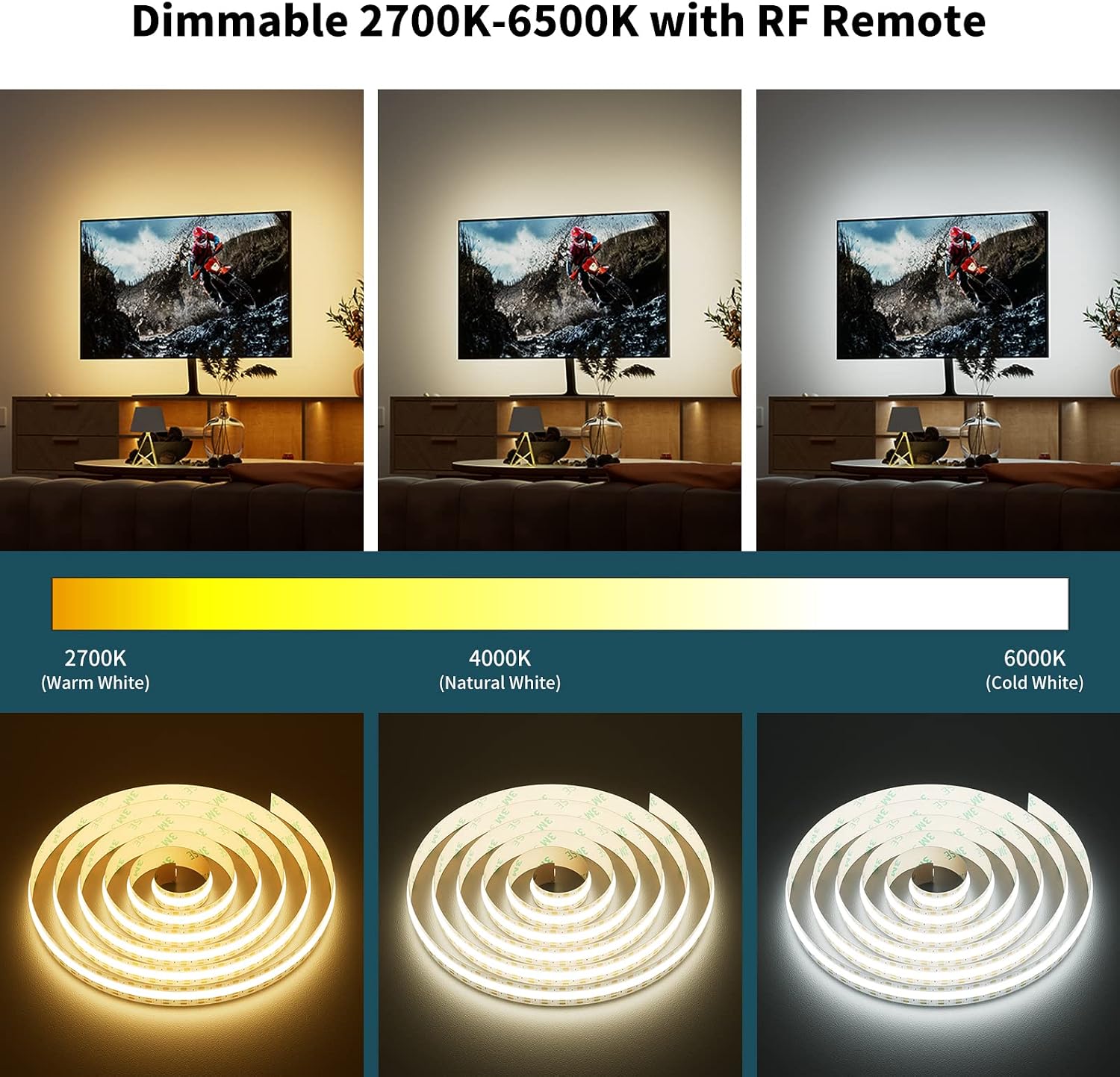PAUTIX 5V USB CCT Tunable COB LED Strip Light 6.56ft/2m 1280LEDs 1200lm 2700K-6500K Dimmable CRI85+ with RF Remote TV Backlight,Flexible Under Cabinet Tape Light for Bedroom,Kitchen,Home DIY Lighting