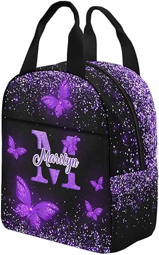 Miniatura 4 de Bolsa de almuerzo personalizada con nombre para hija e hijo, bolsas de almuerzo personalizadas con lunares morados y mariposas, bolsa de almuerzo