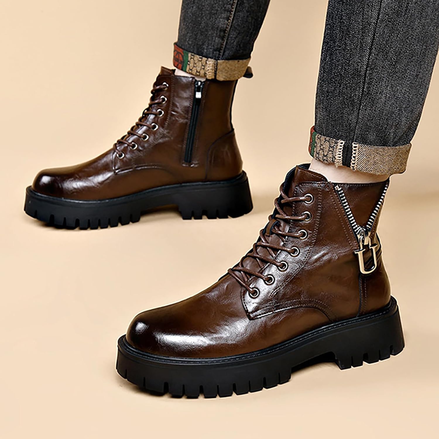 Men'S Genuine Leather Platform Combat Boots Fashion Lace Up Side Zipper Lug Sole Non-Slip High Top Motorcycle Boots Comfort Outdoor Waterproof Soft Sole Work Ankle Booties - Image 5