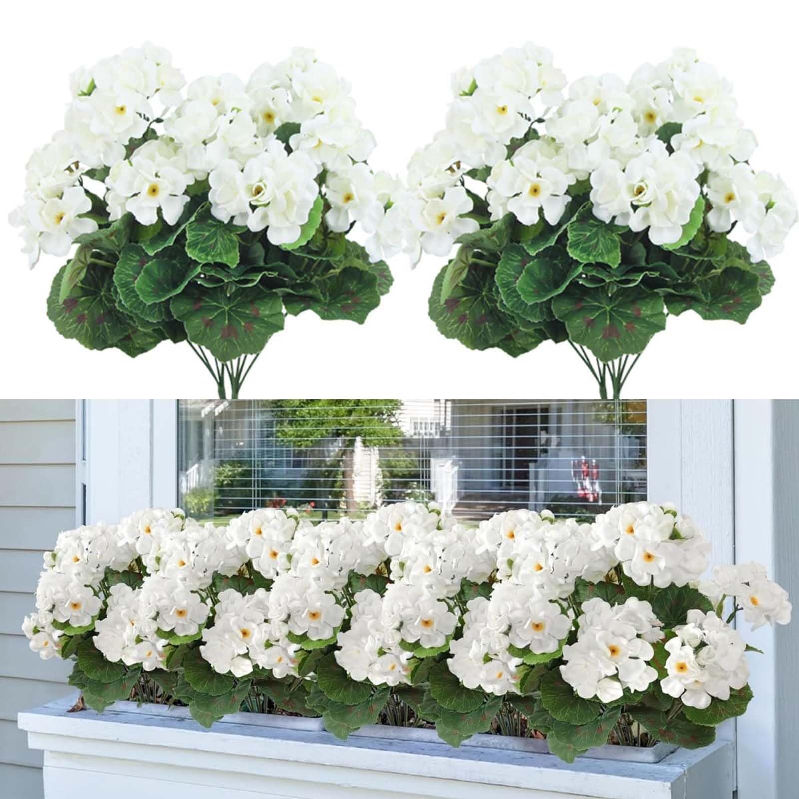 Laelfe 4 Bundles White Artificial Geraniums for Outdoors Fake Geraniums Silk Faux Geraniums Flowers for Outdoor Indoor Home Table Window Box Gardens Balcony Patio Porch Decor (White)