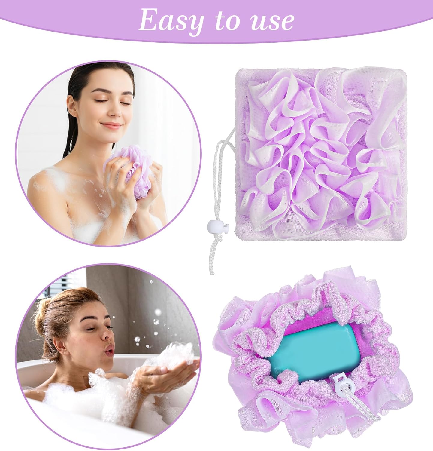 2 Pcs Loofah for Bar of Soap, 2-in-1 Loofah Soap Holder, Bath Sponge with Drawstring and Soap Pocket, Gentle Exfoliating Cleanser for Smooth Skin, Beige & Purple - Image 5