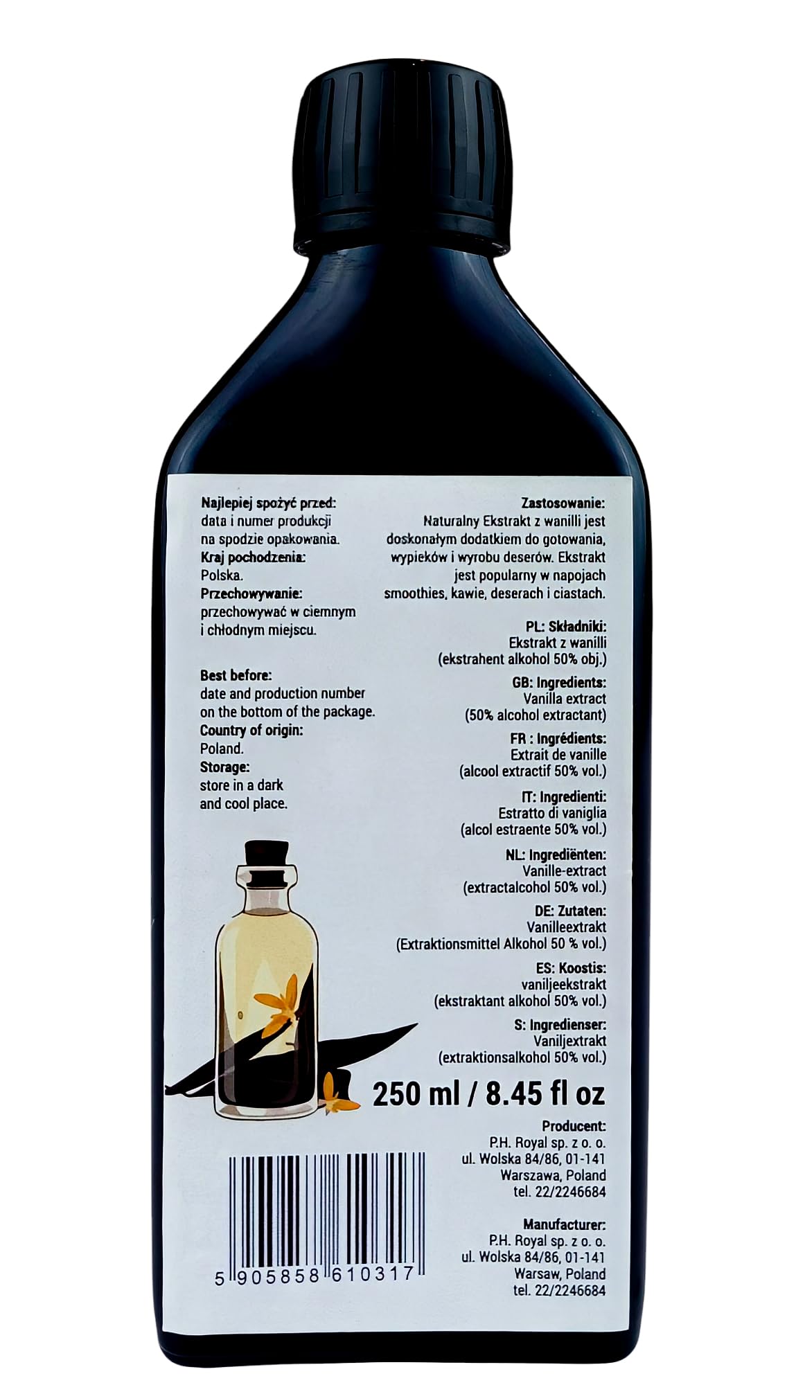 Royal Brand Ekstrakt z wanilii Bourbon, 250 ml, naturalny aromat w szklanej butelce. Ekstrakt z ziaren wanilii Bourbon, 100% naturalny, ekstrakt waniliowy idealny do pieczenia i deserów